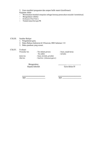 5. Guru memberi penguatan dan umpan balik materi (konfirmasi)
Kegiatan Akhir
−
−
−
−

Menekankan kembali simpulan sebagai konsep pemecahan masalah kontekstual.
Mengadakan refleksi
Evaluasi ( Post Test )
Tindak lanjut berupa PR

CXLIII.

Sumber Belajar
1. Pengalaman guru.
2. Buku Bahasa Indonesia kl 4 Kaswan, BSE halaman 114
3. Buku panduan yang sesuai.

CXLIV.

Evaluasi
Prosedur tes
Jenis tes
Alat tes

: Tes dalam proses
Tes akhir
: lisan, tertulis, produk
: Soal tes ( disusun guru )

: lisan, unjuk kerja
: tertulis

Mengetahui,
Kepala Sekolah

...................., ………………………..
Guru Kelas IV

..........................................................
NIP. ................................................

..........................................................
NIP. ................................................

 