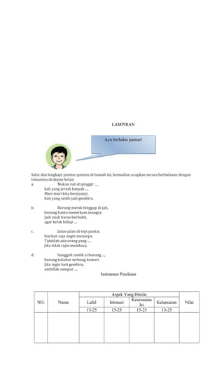 LAMPIRAN
Ayo berbalas pantun!

Salin dan lengkapi pantun-pantun di bawah ini, kemudian ucapkan secara berbalasan dengan
temanmu di depan kelas!
a.
Makan roti di pinggir ...,
kali yang jernih banyak ....
Mari-mari kita bernyanyi,
hati yang sedih jadi gembira.
b.

Burung merak hinggap di jati,
burung hantu menerkam mangsa.
Jadi anak harus berbakti,
agar kelak hidup ....

c.

Jalan-jalan di tepi pantai,
biarkan saja angin menerpa.
Tidaklah ada orang yang ...,
jika tidak rajin membaca.

d.

Sungguh cantik si burung ...,
burung tekukur terbang kemari.
Jika ingin hati gembira,
ambillah sampur ....

Instrumen Penilaian

NO.

Nama

Lafal
15-25

Aspek Yang Dinilai
Kesesuaian
Intonasi
Isi
15-25
15-25

Kelancaran
15-25

Nilai

 