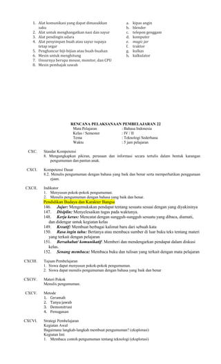 1. Alat komunikasi yang dapat dimasukkan
saku
2. Alat untuk menghangatkan nasi dan sayur
3. Alat pendingin udara
4. Alat penyimpan buah atau sayur supaya
tetap segar
5. Penghancur biji-bijian atau buah-buahan
6. Mesin untuk menghitung
7. Unsurnya berupa mouse, monitor, dan CPU
8. Mesin pembajak sawah

a.
b.
c.
d.
e.
f.
g.
h.

kipas angin
blender
telepon genggam
komputer
magic jar
traktor
kulkas
kalkulator

RENCANA PELAKSANAAN PEMBELAJARAN 22
Mata Pelajaran
: Bahasa Indonesia
Kelas / Semester
: IV / II
Tema
: Teknologi Sederhana
Waktu
: 5 jam pelajaran
CXC.

Standar Kompetensi
8. Mengungkapkan pikiran, perasaan dan informasi secara tertulis dalam bentuk karangan
pengumuman dan pantun anak.

CXCI.

Kompetensi Dasar
8.2. Menulis pengumuman dengan bahasa yang baik dan benar serta memperhatikan penggunaan
ejaan.

CXCII.

Indikator
1. Menyusun pokok-pokok pengumuman.
2. Menulis pengumuman dengan bahasa yang baik dan benar.

Pendidikan Budaya dan Karakter Bangsa
146. Jujur: Mengemukakan pendapat tentang sesuatu sesuai dengan yang diyakininya
147. Disiplin: Menyelesaikan tugas pada waktunya.
148. Kerja keras: Mencatat dengan sungguh-sungguh sesuatu yang dibaca, diamati,
dan didengar untuk kegiatan kelas
149. Kreatif: Membuat berbagai kalimat baru dari sebuah kata
150. Rasa ingin tahu: Bertanya atau membaca sumber di luar buku teks tentang materi
yang terkait dengan pelajaran
151. Bersahabat/ komunikatif: Memberi dan mendengarkan pendapat dalam diskusi
kelas.
152. Senang membaca: Membaca buku dan tulisan yang terkait dengan mata pelajaran
CXCIII.

Tujuan Pembelajaran
1. Siswa dapat menyusun pokok-pokok pengumuman.
2. Siswa dapat menulis pengumuman dengan bahasa yang baik dan benar

CXCIV.

Materi Pokok
Menulis pengumuman.

CXCV.

CXCVI.

Metode
1. Ceramah
2. Tanya jawab
3. Demonstrasi
4. Penugasan
Strategi Pembelajaran
Kegiatan Awal
Bagaimana langkah-langkah membuat pengumuman? (eksplorasi)
Kegiatan Inti
1. Membaca contoh pengumuman tentang teknologi (eksplorasi)

 