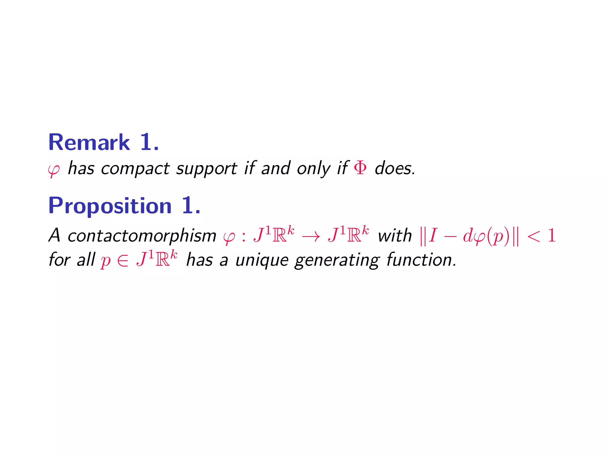 Generalized generating families
Let H ∈ C2
c ([0, T] × J1
Rk
), v ∈ CLip
(Rk
). Write
Ss,t
: [s, t] × Rk
× Rq
→ R given by (4.4) as
Ss,t
(τ, x, ξ) = Ws,t
(τ, x, ξ) + Q(ξ),
with Q, Ws,t
deﬁned in (QF), (CS).
For each compact subset K of Rk
, the family of functions
{Ws,t
(τ, x, ·)}τ∈[s,t],x∈K is uniformly Lipschitz.
 