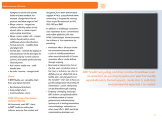 Product Summary: BIRT Studio


            background column and accents           doughnut, have been enhanced to
            based on a data condition. For          support HTML5 output format while
            example, change the font for all        continuing to support the existing
            products sold below target to “red”     chart output formats such as SVG,
       •	   Merge columns – merges two              JPG, PNG and BMP.
            columns, stacking values on top
                                                    In addition to enabling a consistent
            of each other to create a report
                                                    user experience across conventional
            with multiple detail lines
                                                    and mobile platforms, the new
       •	   Merge column header cells – merges
                                                    HTML5 chart output format increases
            column header cells to create
                                                    the richness of this experience by
            additional column classifications
                                                    providing:
       •	   Format elements – modifies fonts
            and alignment                           •	 Animation effects: Slick out-of-the-
       •	   Format data – controls the display of      box animations are used when
            the value based on the data type; for      a chart is initially rendered and
            example, display numeric value as          when users interact with it. Custom
            currency with dollar symbol and two        animation effects can be defined
            decimal points                             through scripting.
       •	   Add column header row – adds            •	 New levels of interactivity: Out-of-
            header rows                                the-box, users can click on a bar in
       •	   Re-order columns – changes order           bar chart or a slice in a pie chart to
                                                       drill down or see related info via a
                                                                                                BIRT Studio’s easy drag and drop construction allows users
       Charts                                          tooltip. Users can also zoom in on          to work from an existing template and select or modify
       A BIRT Studio user can add a chart              the X and/or Y chart axes to focus on      report elements, format reports, create charts, add data
       from any report element.                        just the categories or values they are
                                                       interested in. Custom interactivity
                                                                                                                     and preview the report as it is created.
       •	 Bar chart and line charts
                                                       can be defined through scripting.
       •	 Area and pie charts
                                                    •	 Scripting: Leveraging JavaScript,
       •	 Scatter and stock charts
                                                       BIRT authors can optionally define
       HTML5 Charting, Chart Library                   an infinite number of custom
       and Chart Themes                                presentations and interactivity
       All commonly used BIRT charts                   options such as adding annotations,
       in BIRT Studio, including bar,                  custom drawings, animations or
       column, area, pie, line, scatter and            other visual effects. With JavaScript
                                                       customization, developers are                         Home          Next       Contents       Back
                                                                                                                                                            5
 