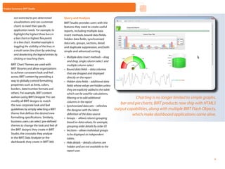 Product Summary: BIRT Studio


         not restricted to pre-determined          Query and Analysis
         visualizations and can customize          BIRT Studio provides users with the
         charts to meet their specific             features they need to create useful
         application needs. For example, to        reports, including multiple data
         highlight the highest three bars in       insert methods, bound data fields,
         a bar chart or highest five points        hidden data fields, synchronized
         in a line chart. Another example is       data sets, groups, sections, detail
         toggling the visibility of the lines in   and duplicate suppression, and both
         a multi-series line chart by selecting    simple and advanced sorting.
         and deselecting the legend entries by
         clicking or touching them.                •	 Multiple data insert methods – drag
                                                      and drop, single column select and
      BIRT Chart Themes are used with                 multiple column select
      BIRT libraries and allow organizations       •	 Bound data fields – data columns
      to achieve consistent look and feel             that are dropped and displayed
      across BIRT content by providing a              directly on the report
      way to globally control formatting           •	 Hidden data fields – additional data
      properties such as fonts, colors,               fields whose values are hidden unless
      borders, date/number formats and                they are explicitly added to the table
      others. For example, BIRT content               which can be used for calculations,
      authors using BIRT Designer Pro can             filtering or to add additional                      Charting is no longer limited to simple graphs,
      modify all BIRT designs to match                columns in the report
      the new corporate look and feel
                                                                                                  bar and pie charts; BIRT products now ship with HTML5
                                                   •	 Synchronized data sets – refreshes
      guidelines by simply selecting a BIRT           the designer with the latest             output capabilities, along with multiple BIRT Flash Objects,
      theme that defines the desired new              definition of the data source                     which make dashboard applications come alive.
      formatting specifications. Similarly,        •	 Groups – allows column grouping
      business users can select pre-defined           based on data values; for example,
      themes to change the look and feel of           grouping order details by order ID
      the BIRT designs they create in BIRT         •	 Sections – allows individual groups
      Studio, the crosstabs they analyze              to be displayed as independent
      in the BIRT Data Analyzer or the                tables.
      dashboards they create in BIRT 360.          •	 Hide details – details columns are
                                                      hidden and are not available to the
                                                      report user.
                                                                                                            Home          Next       Contents      Back
                                                                                                                                                          6
 