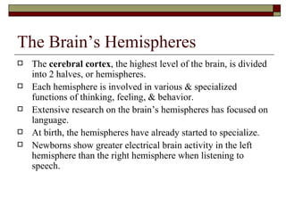The Brain’s Hemispheres
   The cerebral cortex, the highest level of the brain, is divided
    into 2 halves, or hemispheres.
   Each hemisphere is involved in various & specialized
    functions of thinking, feeling, & behavior.
   Extensive research on the brain’s hemispheres has focused on
    language.
   At birth, the hemispheres have already started to specialize.
   Newborns show greater electrical brain activity in the left
    hemisphere than the right hemisphere when listening to
    speech.
 