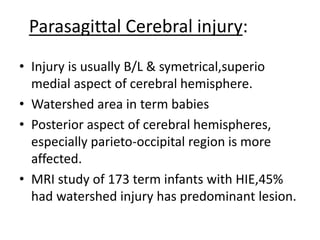Parasagittal Cerebral injury:
• Injury is usually B/L & symetrical,superio
medial aspect of cerebral hemisphere.
• Watershed area in term babies
• Posterior aspect of cerebral hemispheres,
especially parieto-occipital region is more
affected.
• MRI study of 173 term infants with HIE,45%
had watershed injury has predominant lesion.
 