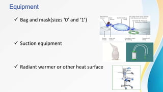  Bag and mask(sizes ‘0’ and ‘1’)
 Suction equipment
 Radiant warmer or other heat surface
 