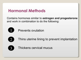 Hormonal Methods
Contains hormones similar to estrogen and progesterone
and work in combination to do the following:


  1     Prevents ovulation


  2     Thins uterine lining to prevent implantation


  3     Thickens cervical mucus
 
