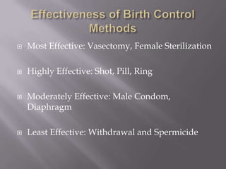 Effectiveness of Birth Control Methods Most Effective: Vasectomy, Female SterilizationHighly Effective: Shot, Pill, RingModerately Effective: Male Condom, DiaphragmLeast Effective: Withdrawal and Spermicide