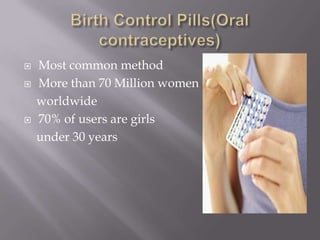 Birth Control Pills(Oral contraceptives)Most common method More than 70 Million women    worldwide 70% of users are girls    under 30 years