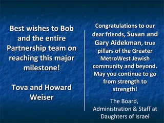 Best wishes to BobBest wishes to Bob
and the entireand the entire
Partnership team onPartnership team on
reaching this majorreaching this major
milestone!milestone!
Tova and HowardTova and Howard
WeiserWeiser
Congratulations to ourCongratulations to our
dear friends,dear friends, Susan andSusan and
Gary AidekmanGary Aidekman, true, true
pillars of the Greaterpillars of the Greater
MetroWest JewishMetroWest Jewish
community and beyond.community and beyond.
May you continue to goMay you continue to go
from strength tofrom strength to
strength!strength!
The Board,
Administration & Staff at
Daughters of Israel
 