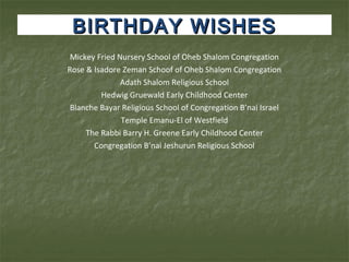 BIRTHDAY WISHESBIRTHDAY WISHES
Mickey Fried Nursery School of Oheb Shalom Congregation
Rose & Isadore Zeman Schoof of Oheb Shalom Congregation
Adath Shalom Religious School
Hedwig Gruewald Early Childhood Center
Blanche Bayar Religious School of Congregation B’nai Israel
Temple Emanu-El of Westfield
The Rabbi Barry H. Greene Early Childhood Center
Congregation B’nai Jeshurun Religious School
 