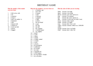 BIRTHDAY GAME 
Pick the number of the month 
you were born 
1 : I fell in love with 
2 : I ate 
3 : I smacked 
4 : I sang to 
5 : I gave my number to 
6 : I murdered 
7 : I shot 
8 : I danced with 
9 : I choked on 
10 : I went out with 
11 : I kissed 
12 : I hugged 
Pick the day (number) you were born on 
1 : a homeless guy 
2 : your mom 
3 : a banana 
4 : a fork 
5 : a Mexican 
6 : a gangster 
7 : a ninja 
8 : an iPod 
9 : my best friend 
10 : a goat 
11 : my dog 
12 : my dad 
13 : the computer 
14 : a football player 
15 : my neighbor 
16 => myself 
17 => a soda 
18 => a llama 
19 => a pickle 
20 => a stuffed animal 
21 => a weirdo 
22 => a sock 
23 => a doctor 
24 => my psychiatrist 
25 => a policeman 
26 => my brother 
27 => my sister 
28 => a baseball bat 
29 => a DVD player 
30 => my best friend’s brother 
31 => my cell phone 
Pick the color of shirt you are wearing 
White : because I was high 
Black : because I was drunk 
Brown : because your mom told me to 
Pink : because I’m retarded 
Red : because the voices told me to 
Blue : because I’m hot and I do what I want 
Green : because I hate myself 
Purple : because I’m stupid 
Gray : because that’s how I roll 
Yellow : because someone offered me 1,000,000 
dollars 
Orange : because I love my family 
Other : because that’s what I do 
