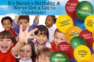 It's Sarah's Birthday &
We've Got a Lot to
Celebrate!
  Re-Certifiedas aSanctuary®Treatment Center 
Accredited by
The Joint
Commission 
 Sanctuary
  Park at
   Hamilton
Building a
New 12-Bed
Residence
Hall
2018 Roar on
the Shore
Charity 
NewPlannedGivingWebsite
 
