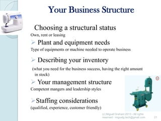 Your Business Structure
Choosing a structural status
Own, rent or leasing

 Plant and equipment needs
Type of equipments or machine needed to operate business

 Describing your inventory
(what you need for the business success, having the right amount
in stock)

 Your management structure
Competent mangers and leadership styles

Staffing considerations
(qualified, experience, customer friendly)
(c) Miguel Graham 2013 - All rights
reserved - miguelg.tech@gmail.com

21

 