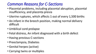 Common Reasons for C-Sections
• Placental problems, including placental abruption, placental
insufficiency, and placenta previa
• Uterine ruptures, which affects 1 out of every 1,500 births
• An infant in the breech position, making normal delivery
difficult
• Umbilical cord prolapse
• Fetal distress, An infant diagnosed with a birth defect
• Having previous C-sections
• Preeclampsia, Diabetes
• Genital herpes (active)
• Carrying twins or multiples
 