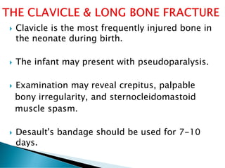  Clavicle is the most frequently injured bone in
the neonate during birth.
 The infant may present with pseudoparalysis.
 Examination may reveal crepitus, palpable
bony irregularity, and sternocleidomastoid
muscle spasm.
 Desault's bandage should be used for 7-10
days.
 