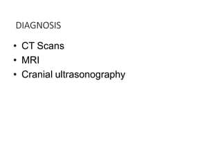 DIAGNOSIS
• CT Scans
• MRI
• Cranial ultrasonography
 