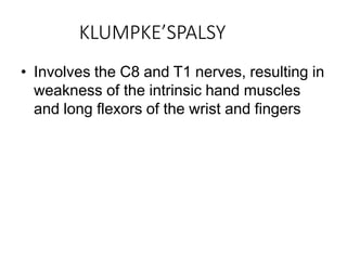 KLUMPKE’SPALSY
• Involves the C8 and T1 nerves, resulting in
weakness of the intrinsic hand muscles
and long flexors of the wrist and fingers
 