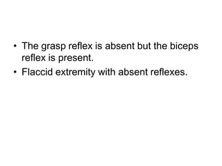 • The grasp reflex is absent but the biceps
reflex is present.
• Flaccid extremity with absent reflexes.
 