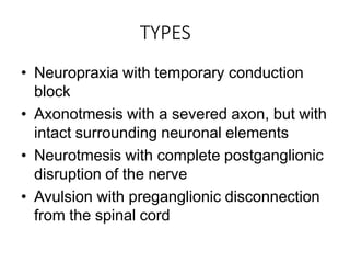 TYPES
• Neuropraxia with temporary conduction
block
• Axonotmesis with a severed axon, but with
intact surrounding neuronal elements
• Neurotmesis with complete postganglionic
disruption of the nerve
• Avulsion with preganglionic disconnection
from the spinal cord
 