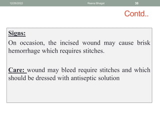 Contd..
Signs:
On occasion, the incised wound may cause brisk
hemorrhage which requires stitches.
Care: wound may bleed require stitches and which
should be dressed with antiseptic solution
12/26/2022 Reena Bhagat 38
 