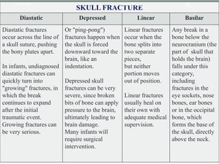 SKULL FRACTURE
Diastatic Depressed Linear Basilar
Diastatic fractures
occur across the line of
a skull suture, pushing
the bony plates apart.
In infants, undiagnosed
diastatic fractures can
quickly turn into
"growing" fractures, in
which the break
continues to expand
after the initial
traumatic event.
Growing fractures can
be very serious.
Or "ping-pong")
fractures happen when
the skull is forced
downward toward the
brain, like an
indentation.
Depressed skull
fractures can be very
severe, since broken
bits of bone can apply
pressure to the brain,
ultimately leading to
brain damage.
Many infants will
require surgical
intervention.
Linear fractures
occur when the
bone splits into
two separate
pieces,
but neither
portion moves
out of position.
Linear fractures
usually heal on
their own with
adequate medical
supervision.
Any break in a
bone below the
neurocranium (the
part of skull that
holds the brain)
falls under this
category,
including
fractures in the
eye sockets, nose
bones, ear bones
or in the occipital
bone, which
forms the base of
the skull, directly
above the neck.
12/26/2022 Reena Bhagat 56
 