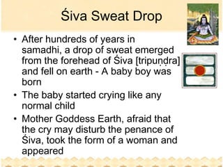 Śiva Sweat Drop
• After hundreds of years in
  samadhi, a drop of sweat emerged
  from the forehead of Śiva [tripuṇḍra]
  and fell on earth - A baby boy was
  born
• The baby started crying like any
  normal child
• Mother Goddess Earth, afraid that
  the cry may disturb the penance of
  Śiva, took the form of a woman and
  appeared
 