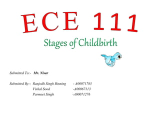 Submitted To:- Mr. Nisar
Submitted By:- Ranjodh Singh Binning - A00071783
Vishal Sood -A00067113
Parmeet Singh -A00071276
Stages of Childbirth
 