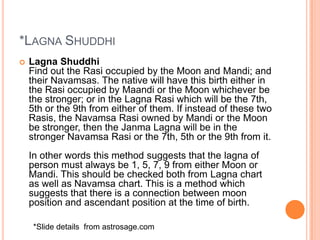 *Lagna Shuddhi<br />LagnaShuddhiFind out the Rasi occupied by the Moon and Mandi; and their Navamsas. The native will have...