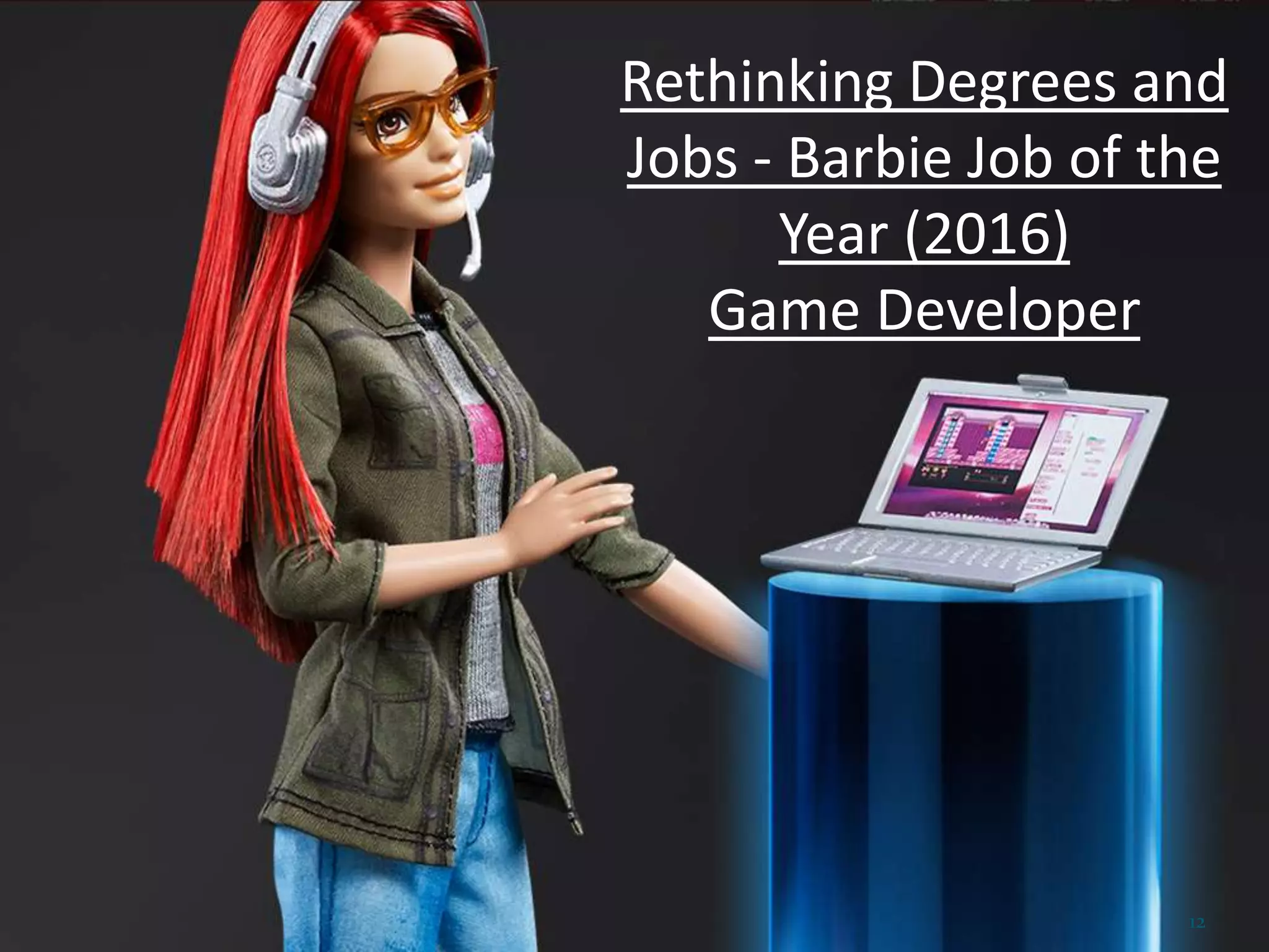 Rethinking Degrees and
Jobs - Barbie Job of the
Year (2016)
Game Developer
12
 