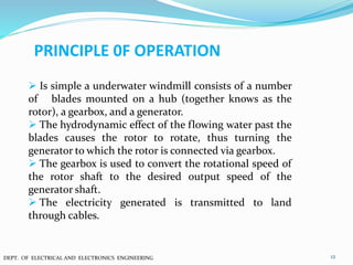 PRINCIPLE 0F OPERATION
 Is simple a underwater windmill consists of a number
of blades mounted on a hub (together knows as the
rotor), a gearbox, and a generator.
 The hydrodynamic effect of the flowing water past the
blades causes the rotor to rotate, thus turning the
generator to which the rotor is connected via gearbox.
 The gearbox is used to convert the rotational speed of
the rotor shaft to the desired output speed of the
generator shaft.
 The electricity generated is transmitted to land
through cables.
12DEPT. OF ELECTRICAL AND ELECTRONICS ENGINEERING
 