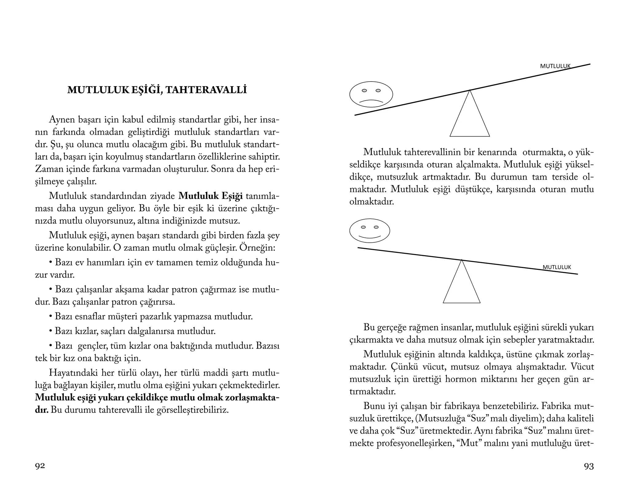 MUTLULUK


        MUTLULUK EŞİĞİ, TAHTERAVALLİ

     Aynen başarı için kabul edilmiş standartlar gibi, her insa-
nın farkında olmadan geliştirdiği mutluluk standartları var-
dır. Şu, şu olunca mutlu olacağım gibi. Bu mutluluk standart-
ları da, başarı için koyulmuş standartların özelliklerine sahiptir.       Mutluluk tahterevallinin bir kenarında oturmakta, o yük-
Zaman içinde farkına varmadan oluşturulur. Sonra da hep eri-          seldikçe karşısında oturan alçalmakta. Mutluluk eşiği yüksel-
şilmeye çalışılır.                                                    dikçe, mutsuzluk artmaktadır. Bu durumun tam terside ol-
                                                                      maktadır. Mutluluk eşiği düştükçe, karşısında oturan mutlu
     Mutluluk standardından ziyade Mutluluk Eşiği tanımla-
                                                                      olmaktadır.
ması daha uygun geliyor. Bu öyle bir eşik ki üzerine çıktığı-
nızda mutlu oluyorsunuz, altına indiğinizde mutsuz.
     Mutluluk eşiği, aynen başarı standardı gibi birden fazla şey
üzerine konulabilir. O zaman mutlu olmak güçleşir. Örneğin:
     • Bazı ev hanımları için ev tamamen temiz olduğunda hu-                                                            MUTLULUK
zur vardır.
     • Bazı çalışanlar akşama kadar patron çağırmaz ise mutlu-
dur. Bazı çalışanlar patron çağırırsa.
     • Bazı esnaflar müşteri pazarlık yapmazsa mutludur.
     • Bazı kızlar, saçları dalgalanırsa mutludur.                        Bu gerçeğe rağmen insanlar, mutluluk eşiğini sürekli yukarı
                                                                      çıkarmakta ve daha mutsuz olmak için sebepler yaratmaktadır.
     • Bazı gençler, tüm kızlar ona baktığında mutludur. Bazısı
tek bir kız ona baktığı için.                                             Mutluluk eşiğinin altında kaldıkça, üstüne çıkmak zorlaş-
                                                                      maktadır. Çünkü vücut, mutsuz olmaya alışmaktadır. Vücut
     Hayatındaki her türlü olayı, her türlü maddi şartı mutlu-
                                                                      mutsuzluk için ürettiği hormon miktarını her geçen gün ar-
luğa bağlayan kişiler, mutlu olma eşiğini yukarı çekmektedirler.
                                                                      tırmaktadır.
Mutluluk eşiği yukarı çekildikçe mutlu olmak zorlaşmakta-
dır. Bu durumu tahterevalli ile görselleştirebiliriz.                     Bunu iyi çalışan bir fabrikaya benzetebiliriz. Fabrika mut-
                                                                      suzluk ürettikçe, (Mutsuzluğa “Suz” malı diyelim); daha kaliteli
                                                                      ve daha çok “Suz” üretmektedir. Aynı fabrika “Suz” malını üret-
                                                                      mekte profesyonelleşirken, “Mut” malını yani mutluluğu üret-

92                                                                                                                                 93
 