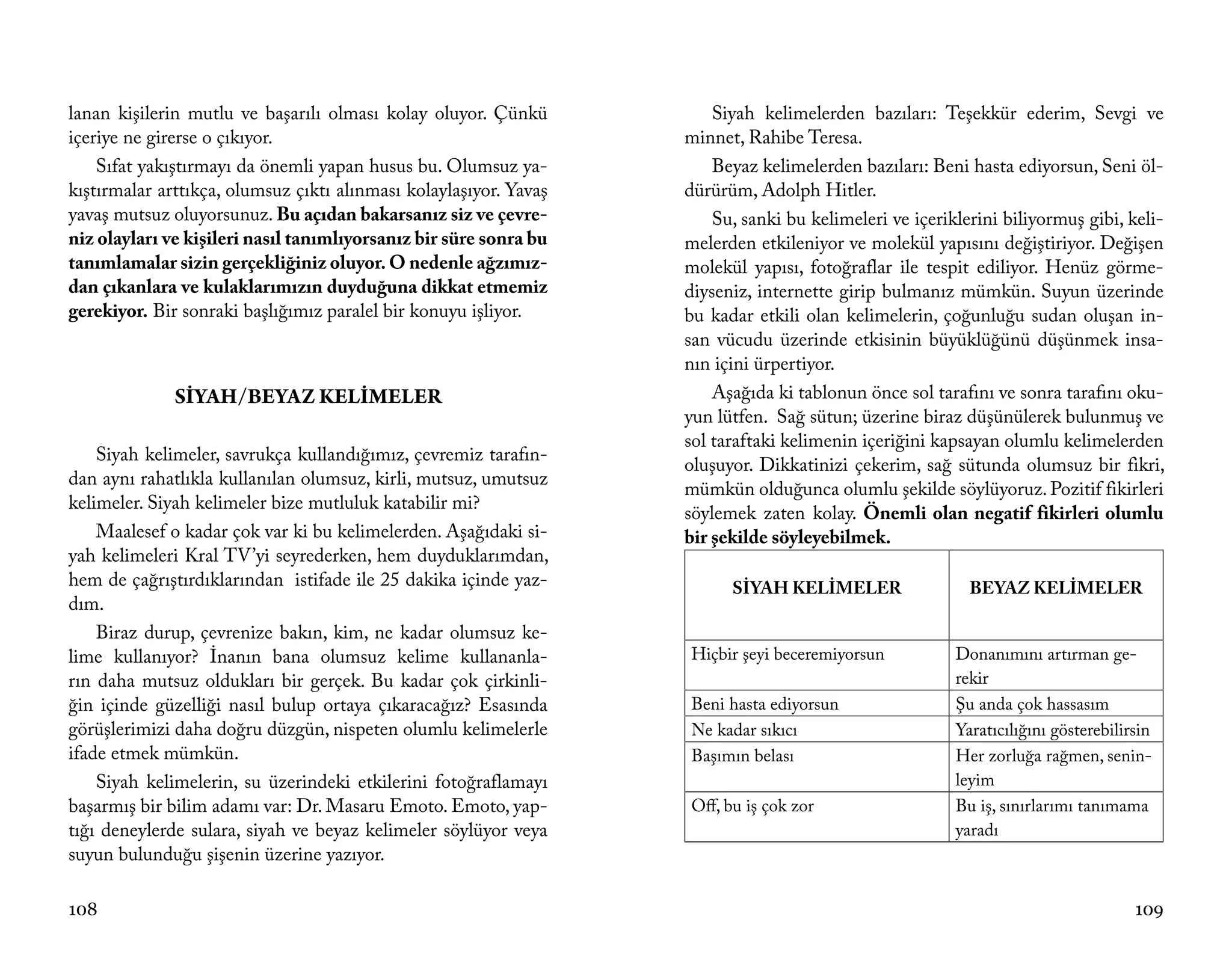 lanan kişilerin mutlu ve başarılı olması kolay oluyor. Çünkü           Siyah kelimelerden bazıları: Teşekkür ederim, Sevgi ve
içeriye ne girerse o çıkıyor.                                      minnet, Rahibe Teresa.
    Sıfat yakıştırmayı da önemli yapan husus bu. Olumsuz ya-           Beyaz kelimelerden bazıları: Beni hasta ediyorsun, Seni öl-
kıştırmalar arttıkça, olumsuz çıktı alınması kolaylaşıyor. Yavaş   dürürüm, Adolph Hitler.
yavaş mutsuz oluyorsunuz. Bu açıdan bakarsanız siz ve çevre-           Su, sanki bu kelimeleri ve içeriklerini biliyormuş gibi, keli-
niz olayları ve kişileri nasıl tanımlıyorsanız bir süre sonra bu   melerden etkileniyor ve molekül yapısını değiştiriyor. Değişen
tanımlamalar sizin gerçekliğiniz oluyor. O nedenle ağzımız-        molekül yapısı, fotoğraflar ile tespit ediliyor. Henüz görme-
dan çıkanlara ve kulaklarımızın duyduğuna dikkat etmemiz           diyseniz, internette girip bulmanız mümkün. Suyun üzerinde
gerekiyor. Bir sonraki başlığımız paralel bir konuyu işliyor.      bu kadar etkili olan kelimelerin, çoğunluğu sudan oluşan in-
                                                                   san vücudu üzerinde etkisinin büyüklüğünü düşünmek insa-
                                                                   nın içini ürpertiyor.
              SİYAH/BEYAZ KELİMELER                                    Aşağıda ki tablonun önce sol tarafını ve sonra tarafını oku-
                                                                   yun lütfen. Sağ sütun; üzerine biraz düşünülerek bulunmuş ve
                                                                   sol taraftaki kelimenin içeriğini kapsayan olumlu kelimelerden
    Siyah kelimeler, savrukça kullandığımız, çevremiz tarafın-
                                                                   oluşuyor. Dikkatinizi çekerim, sağ sütunda olumsuz bir fikri,
dan aynı rahatlıkla kullanılan olumsuz, kirli, mutsuz, umutsuz
                                                                   mümkün olduğunca olumlu şekilde söylüyoruz. Pozitif fikirleri
kelimeler. Siyah kelimeler bize mutluluk katabilir mi?
                                                                   söylemek zaten kolay. Önemli olan negatif fikirleri olumlu
    Maalesef o kadar çok var ki bu kelimelerden. Aşağıdaki si-     bir şekilde söyleyebilmek.
yah kelimeleri Kral TV’yi seyrederken, hem duyduklarımdan,
hem de çağrıştırdıklarından istifade ile 25 dakika içinde yaz-           SİYAH KELİMELER                  BEYAZ KELİMELER
dım.
    Biraz durup, çevrenize bakın, kim, ne kadar olumsuz ke-
lime kullanıyor? İnanın bana olumsuz kelime kullananla-            Hiçbir şeyi beceremiyorsun           Donanımını artırman ge-
rın daha mutsuz oldukları bir gerçek. Bu kadar çok çirkinli-                                            rekir
ğin içinde güzelliği nasıl bulup ortaya çıkaracağız? Esasında      Beni hasta ediyorsun                 Şu anda çok hassasım
görüşlerimizi daha doğru düzgün, nispeten olumlu kelimelerle       Ne kadar sıkıcı                      Yaratıcılığını gösterebilirsin
ifade etmek mümkün.                                                Başımın belası                       Her zorluğa rağmen, senin-
    Siyah kelimelerin, su üzerindeki etkilerini fotoğraflamayı                                          leyim
başarmış bir bilim adamı var: Dr. Masaru Emoto. Emoto, yap-        Off, bu iş çok zor                   Bu iş, sınırlarımı tanımama
tığı deneylerde sulara, siyah ve beyaz kelimeler söylüyor veya                                          yaradı
suyun bulunduğu şişenin üzerine yazıyor.

108                                                                                                                                109
 