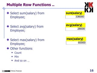 Multiple Row Functions .. Select sum(salary) from Employee; Select avg(salary) from Employee; Select max(salary) from Employee; Other functions Count Min  And so on … 
