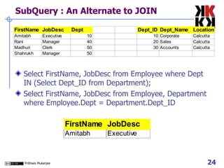 SubQuery : An Alternate to JOIN Select FirstName, JobDesc from Employee where Dept IN (Select Dept_ID from Department); Select FirstName, JobDesc from Employee, Department where Employee.Dept = Department.Dept_ID  