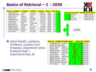 Basics of Retrieval – 2  : JOIN Select EmpID, LastName, FirstName, Location from Employee, Department where Employee.Dept = Department.Dept_ID JOIN 