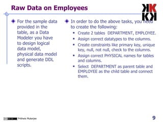 Raw Data on Employees For the sample data provided in the table, as a Data Modeler you have to design logical data model, physical data model and generate DDL scripts. In order to do the above tasks, you need to create the following:  Create 2 tables  DEPARTMENT, EMPLOYEE. Assign correct datatypes to the columns. Create constraints like primary key, unique key, null, not null, check to the columns. Assign correct PHYSICAL names for tables and columns. Select  DEPARTMENT as parent table and EMPLOYEE as the child table and connect them. 