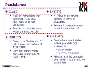 Persistence CLASS A set of instructions that define ATTRIBUTES, METHODS in an OO Language Persists in computer even when it is switched off OBJECTS Created, or “instantiated” with appropriate values of ATTRIBUTE Does not persist when computer is shut off. All Data is lost. ENTITY A TABLE in an RDBMS defined in terms of COLUMNS Persists in computer even when it is switched off RECORDS Created and manipulated with appropriate SQL statements Either directly  Or through a method PERSISTS in the computer even when it is shut off. No data is lost 