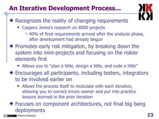 An Iterative Development Process... Recognizes the reality of changing requirements Caspers Jones’s research on 8000 projects 40% of final requirements arrived after the analysis phase, after development had already begun Promotes early risk mitigation, by breaking down the system into mini-projects and focusing on the riskier elements first Allows you to “plan a little, design a little, and code a little” Encourages all participants, including testers, integrators to be involved earlier on Allows the process itself to modulate with each iteration, allowing you to correct errors sooner and put into practice lessons learned in the prior iteration Focuses on component architectures, not final big bang deployments 
