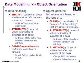 Data Modelling >> Object Orientation Data Modelling ENTITY   : “something” about which we store information in a structured manner Multiple “instances” of an entity exist ATTRIBUTE (s) : a set of values defined for all instances of an entity Instances of the entity have different values for the attribute C-R-U-D operations  are performed on instances through Insert, Select, Update Delete in SQL Object Oriented techniques are based on the idea of .. CLASS (es) : a collection of “instances” of “something” that are similar in terms of..  1. ATTRIBUTE (s) : a set of values defined for all instances of a class  Instances of the class have different values of the attribute 2. METHOD (s) : a set of actions that affect an instance of the class Change Attribute values Create / Delete instance 