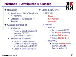 Methods + Attributes = Classes Recollect Algorithms + Data Structures = Programs Database + Application = Systems Classes consist of Attributes  Pieces of data that distinctly indentify OBJECTS ( instances ) of CLASS Methods or Functions Instructions common to a CLASS that have an impact on Attributes of an OBJECT Coded in language like C++ Class STUDENT Attribute  Name Roll Number Standard Method ENROLL Create new OBJECT with  Name  (prithwis) Assign  Roll Number Assign  Standard  = 1 PROMOTE Change  Standard  from Current Value to Current Value + 1 