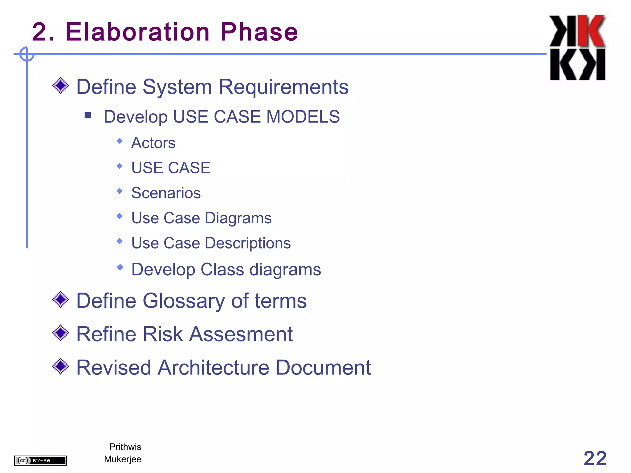 2. Elaboration Phase

   Define System Requirements
      Develop USE CASE MODELS
          Actors
          USE CASE
          Scenarios
          Use Case Diagrams
          Use Case Descriptions
          Develop Class diagrams

   Define Glossary of terms
   Refine Risk Assesment
   Revised Architecture Document


        Prithwis
       Mukerjee                     22
 