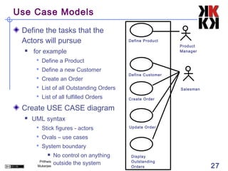 Use Case Models

 Define the tasks that the
 Actors will pursue                         Define Product
                                                              Product
     for example                                             Manager

        Define a Product
        Define a new Customer
                                            Define Customer
        Create an Order
        List of all Outstanding Orders                       Salesman

        List of all fulfilled Orders       Create Order

 Create USE CASE diagram
     UML syntax
        Stick figures - actors             Update Order

        Ovals – use cases
        System boundary
                  No control on anything    Display
        Prithwis
                   outside the system        Outstanding
       Mukerjee                              Orders                      27
 