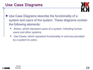 Use Case Diagrams


 Use Case Diagrams describe the functionality of a
 system and users of the system. These diagrams contain
 the following elements:
     Actors, which represent users of a system, including human
      users and other systems.
     Use Cases, which represent functionality or services provided
      by a system to users.




         Prithwis
        Mukerjee                                                      28
 