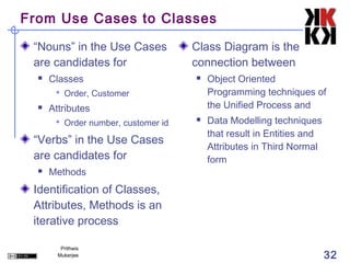 From Use Cases to Classes

 “Nouns” in the Use Cases            Class Diagram is the
 are candidates for                  connection between
     Classes                           Object Oriented
        Order, Customer                 Programming techniques of
     Attributes                         the Unified Process and
        Order number, customer id      Data Modelling techniques
                                         that result in Entities and
 “Verbs” in the Use Cases
                                         Attributes in Third Normal
 are candidates for                      form
     Methods
 Identification of Classes,
 Attributes, Methods is an
 iterative process

         Prithwis
        Mukerjee                                                       32
 