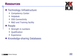 Resources Technology Infrastructure Competency Center Helpdesk OSS Connectivity R&D and Training facility People Strength in numbers Qualification Experience Knowledge-sharing Databases 