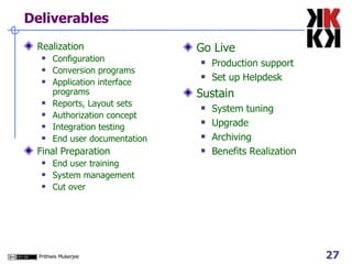 Deliverables Realization Configuration Conversion programs Application interface programs Reports, Layout sets Authorization concept Integration testing End user documentation Final Preparation End user training System management Cut over Go Live Production support Set up Helpdesk Sustain System tuning Upgrade Archiving Benefits Realization 
