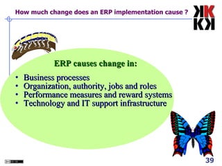How much change does an ERP implementation cause ? ERP causes change in: Business processes Organization, authority, jobs and roles Performance measures and reward systems Technology and IT support infrastructure 