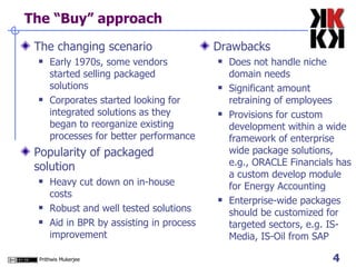 The “Buy” approach The changing scenario Early 1970s, some vendors started selling packaged solutions Corporates started looking for integrated solutions as they began to reorganize existing processes for better performance Popularity of packaged solution Heavy cut down on in-house costs Robust and well tested solutions Aid in BPR by assisting in process improvement Drawbacks Does not handle niche domain needs Significant amount retraining of employees Provisions for custom development within a wide framework of enterprise wide package solutions, e.g., ORACLE Financials has a custom develop module for Energy Accounting Enterprise-wide packages should be customized for targeted sectors, e.g. IS-Media, IS-Oil from SAP 