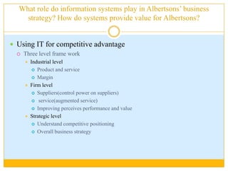 What role do information systems play in Albertsons’ business strategy? How do systems provide value for Albertsons?Using IT for competitive advantageThree level frame workIndustrial levelProduct and serviceMarginFirm levelSuppliers(control power on suppliers) service(augmented service)Improving perceives performance and valueStrategic levelUnderstand competitive positioningOverall business strategy