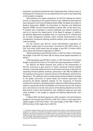 equipment, and general operational costs. Capital spending, relating mainly to
buildings and IT investment, can vary significantly from year to year depending
on the projects in progress.
     Administrative and capital expenditure for 2011/12 reflected the Bank’s
priority of responding to the global financial crisis. Additional staff positions
were allocated to the Financial Stability Board (FSB), the Basel Committee on
Banking Supervision (BCBS), the Committee on Payment and Settlement
Systems (CPSS) and the Financial Stability Institute (FSI). At the same time,
IT projects were undertaken to enhance statistical and research systems as
well as to improve the dissemination of the Basel III package. In addition,
the Banking Department completed work on improving the IT infrastructure
for its asset management activities, which involved enhancements to data
management, compliance checking, portfolio analysis, order management and
trade processing.
     For the financial year 2011/12, overall administrative expenditure on
the Bank’s budget basis of accounting10 amounted to CHF 255.0 million, or
CHF 13.5 million (5.0%) lower than the budget. It was CHF 1.3 million (0.5%)
above actual administrative expenditure in 2010/11.
     Capital expenditure was CHF 26.2 million, or CHF 0.4 million (1.5%) below
the budget. It was CHF 4.5 million (20.7%) above actual capital expenditure in
2010/11.
     Total expenditure was CHF 281.2 million, or CHF 13.9 million (4.7%) below
budget. It was CHF 5.8 million (2.1%) above the actual expenditure in 2010/11.
     For 2012/13, the Bank’s business plan builds on the achievements in
2011/12, continuing to give priority to further enhancing financial stability
activities. It allocates additional human and financial resources to deal with the
expanding financial stability workload, particularly in the FSB, the BCBS and
the statistical and long-term research sections of the Monetary and Economic
Department. The additional work includes disseminating the Basel III package
to the global community of central banks and financial supervisors and
enhancing the Bank’s statistical capacity for the monitoring of financial
markets and institutions. Strengthening the resilience of BIS banking activities,
based on appropriate levels of profitability and financial risk over the medium
term, will continue to be the main priority of the Banking Department and the
Risk Control, Finance and Compliance units. Additional resources were also
made available in the budget to upgrade the Banking Department’s main
IT system.
     In March 2012, the Board approved a 3.5% increase in the administrative
budget for the financial year 2012/13, to CHF 277.4 million. It also approved a
capital budget of CHF 23.3 million. The total budget of CHF 300.7 million is
CHF 5.6 million (1.9%) higher than in 2011/12.


10	 The Bank’s budget excludes financial accounting adjustments relating to post-employment benefit

obligations for pensions and health and accident insurance. The expense for the next financial year
depends on the actuarial valuations as at 31 March each year, which are not finalised until April, after the
budget has been set by the Board. For similar reasons, certain extraordinary items are also excluded
from the budget. These additional factors are included under “Operating expense” in the profit and loss
account (see “Net profit and its distribution”).




BIS 82nd Annual Report                                                                                 127
 